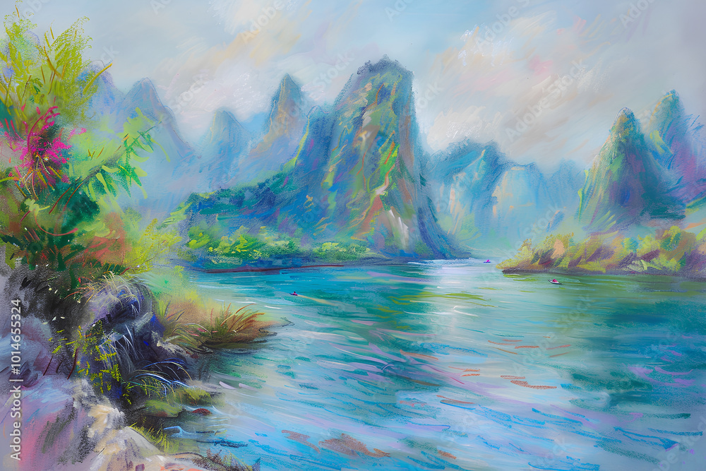 Obraz premium 中国 桂林 桂林漓江下り 美しいパステル画