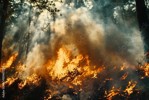 Close up of wildfire raging through forest photo