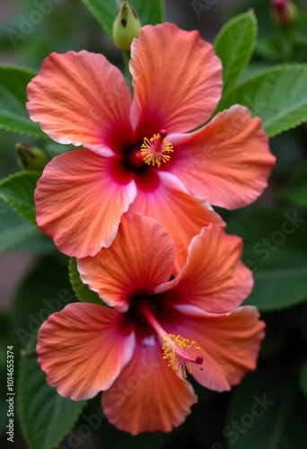 Bright red hibiscus flowers showcase intricate petals in flourishing garden. The lush greenery creates a vibrant backdrop for their beauty. Hibiscus is large genus of plants in Malvaceae family. AI