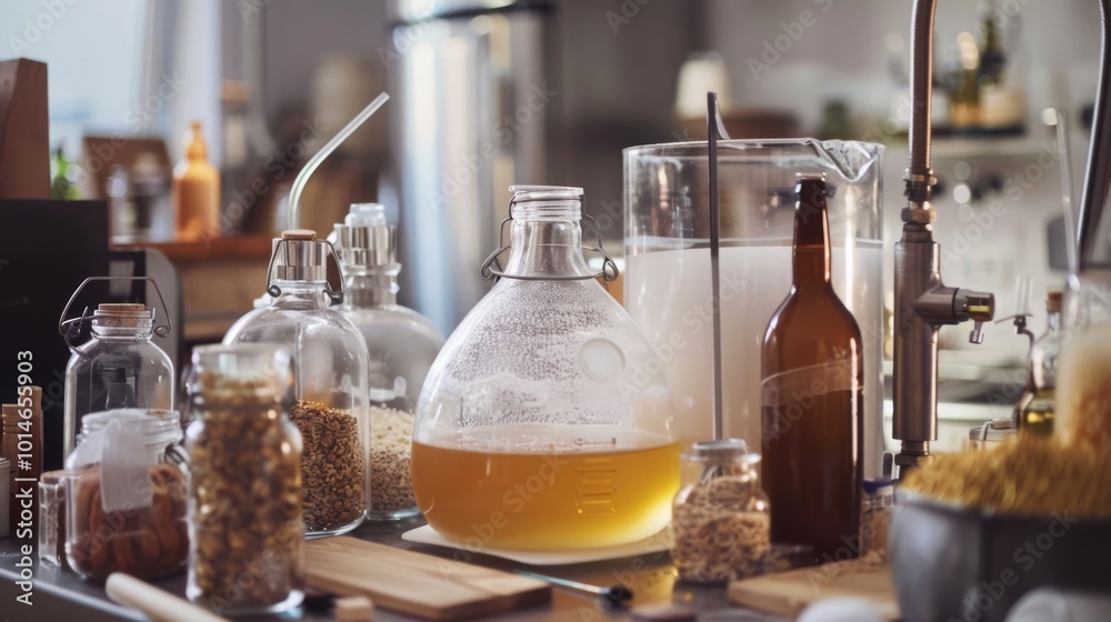 A cozy home brewing setup with glass fermenters, jars of grains, and a brown bottle, all lit warmly for an inviting and creative atmosphere. A cozy home brewing setup with glass fermenters, jars of grains, and a brown bottle, all lit warmly for an inviting and creative atmosphere.