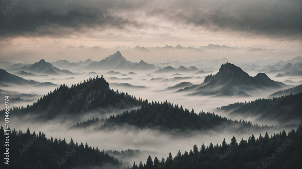 A cloudy sky with dense fog rolling in from the horizon, partially covering the tops of trees and mountains with a serene, muted feel
A cloudy sky with dense fog rolling in from the horizon, partially covering the tops of trees and mountains with a serene, muted feel