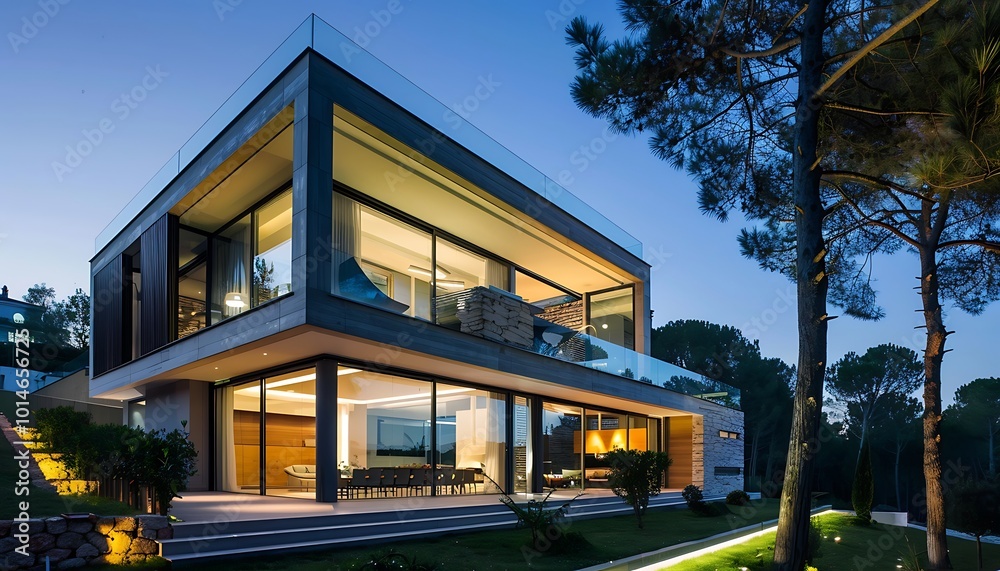 Fototapeta premium Modern house exterior at night with lighted windows
