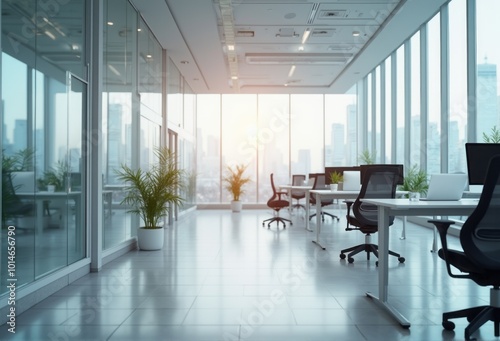 A spacious, empty office with glass walls and ergonomic chairs, bathed in the warm light of sunset. The modern workspace is clean and organized, creating a professional atmosphere.