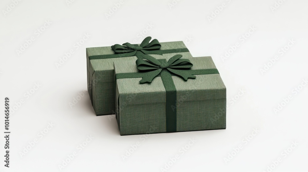 Green gift boxes, elegant and minimal, arranged together with decorative ribbons, holiday vibe, simple backdrop.