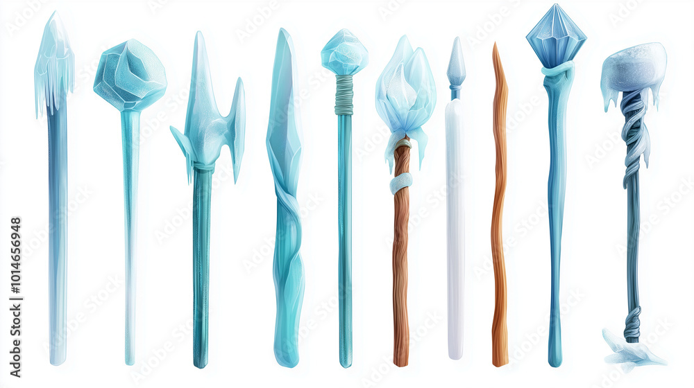 A collection of unique icy staffs, perfect for a fantasy game or illustration. A collection of unique icy staffs, perfect for a fantasy game or illustration.