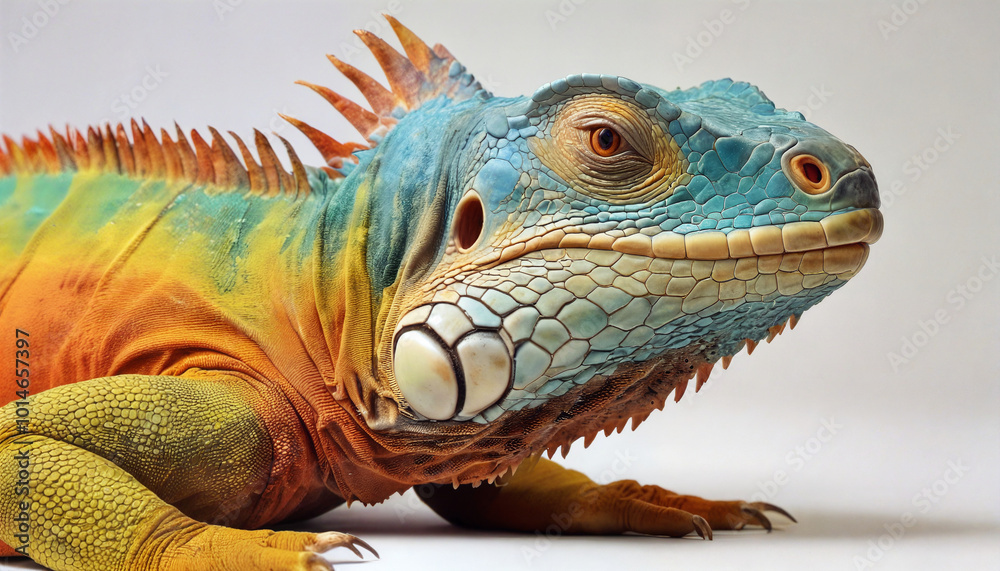 A colorful iguana basking under soft light with vibrant scales and intricate features showcasing its unique beauty A colorful iguana basking under soft light with vibrant scales and intricate features showcasing its unique beauty
