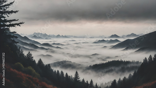 A cloudy sky with dense fog rolling in from the horizon, partially covering the tops of trees and mountains with a serene, muted feel 