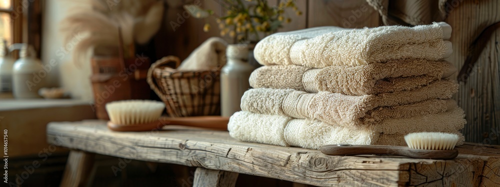 stack of towels in bathroom interior in neutral tones. copy space. bathroom, spa, wellness space, elegance and comfort concept banner stack of towels in bathroom interior in neutral tones. copy space. bathroom, spa, wellness space, elegance and comfort concept banner