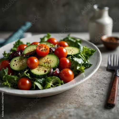 A vibrant salad with fresh mixed greens, cherry tomatoes, cucumbers, and balsamic dressing.