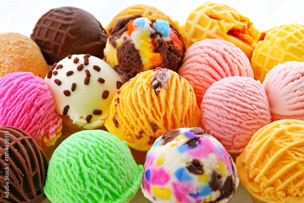 Row of ice cream scoops with different colors and flavors. Some are green, some are yellow, and some are pink Row of ice cream scoops with different colors and flavors. Some are green, some are yellow, and some are pink