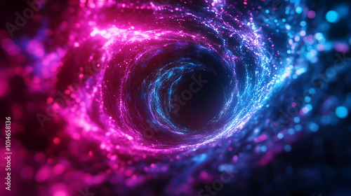 Abstract swirling vortex of bright pink and blue lights on a dark background.