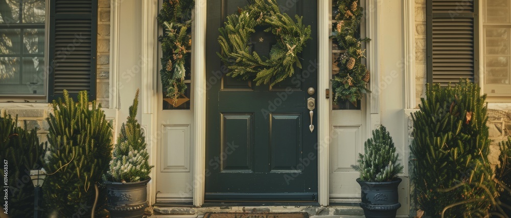 A welcoming front door decorated with a festive wreath and greenery, framed by elegant columns, exudes holiday charm and warmth. A welcoming front door decorated with a festive wreath and greenery, framed by elegant columns, exudes holiday charm and warmth.