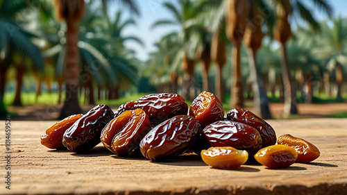 Dried dates fruits wooden bowl dates palm garden view. Ai generative photo