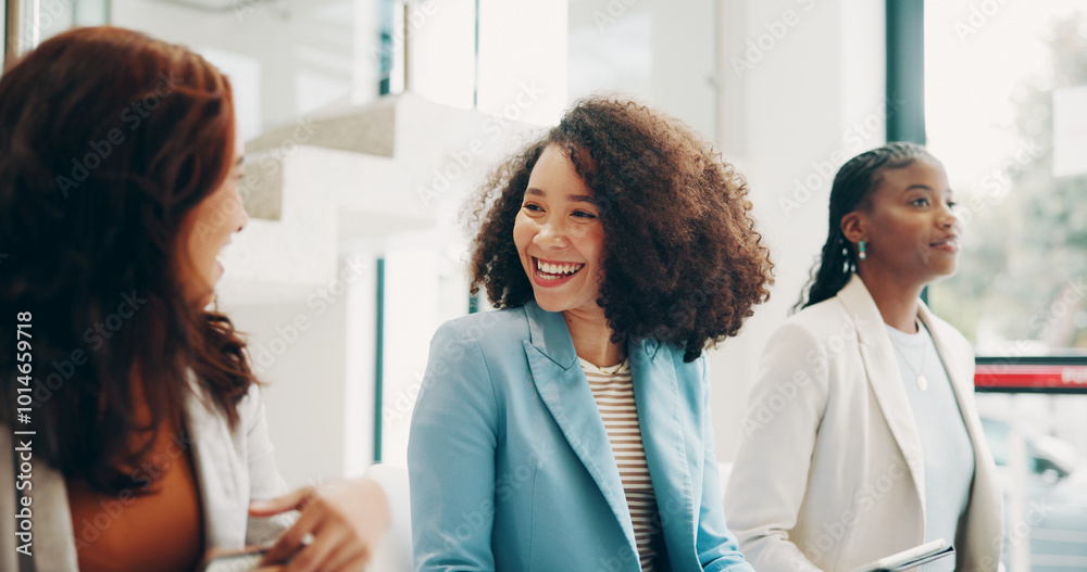 Fototapeta premium Waiting room, interview and group of women, talking and diversity of applicants, job search and hope. Happy, people and recruitment for business, corporate and opportunity of employment and agency