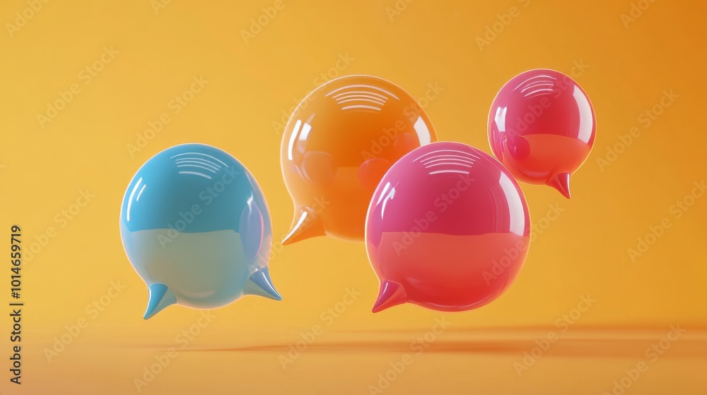 3D speech bubbles in various colors, isolated against an orange background. 3D speech bubbles in various colors, isolated against an orange background.
