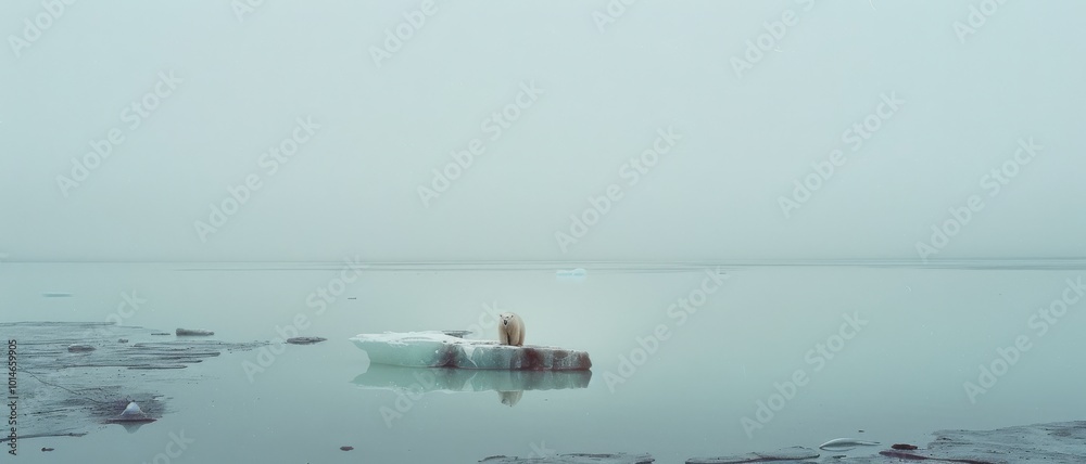 A lone polar bear stands on a small ice floe in a vast, calm seascape, evoking solitude and the delicate balance of nature. A lone polar bear stands on a small ice floe in a vast, calm seascape, evoking solitude and the delicate balance of nature.