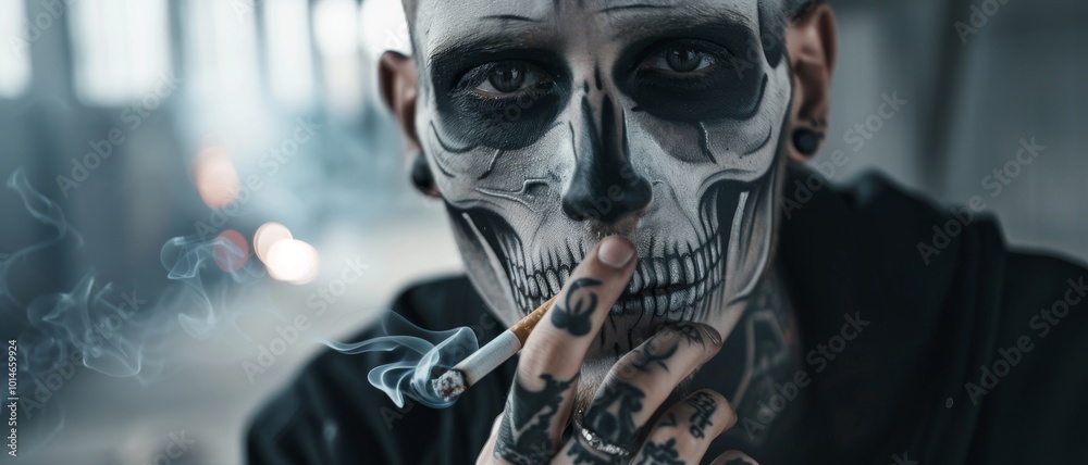 A captivating close-up of a person with striking skull face paint, exuding a hauntingly enigmatic aura amidst swirling smoke. A captivating close-up of a person with striking skull face paint, exuding a hauntingly enigmatic aura amidst swirling smoke.