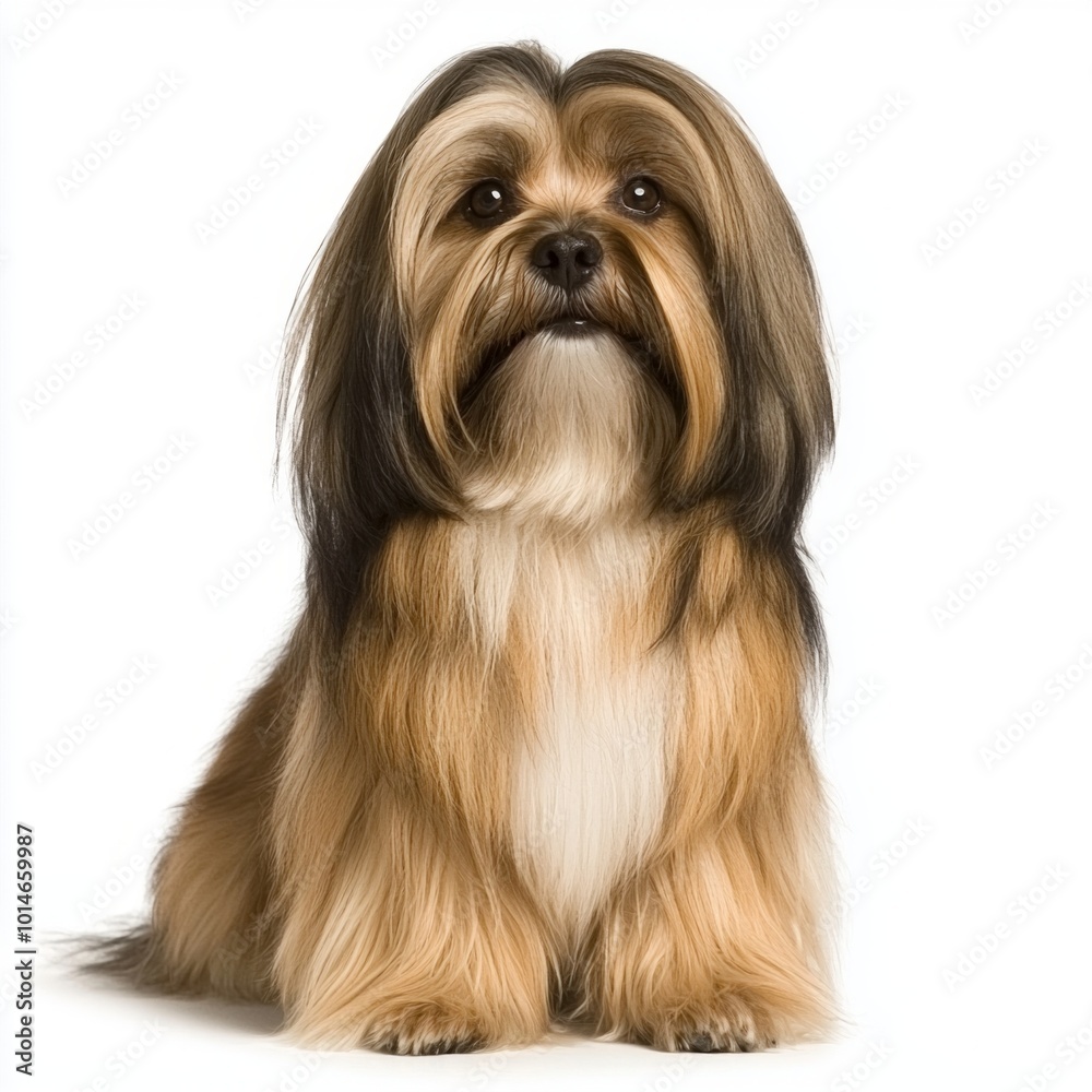 With its long, flowing coat and confident posture, this Lhasa Apso exudes charm and elegance, captivating attention against a bright white background. With its long, flowing coat and confident posture, this Lhasa Apso exudes charm and elegance, captivating attention against a bright white background.