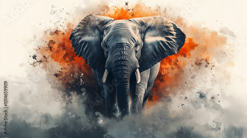 Elephant on abstract watercolor background.
