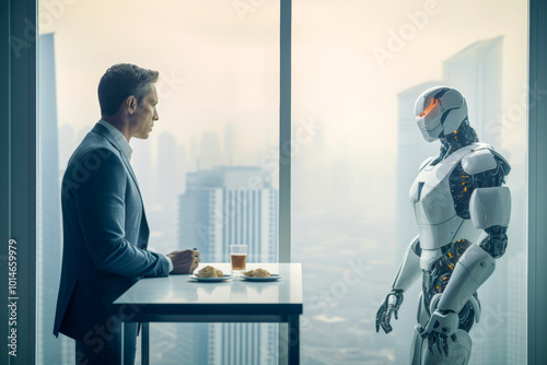 The  man versus artificial intelligence, a man in a light grey suit standing beside a robot