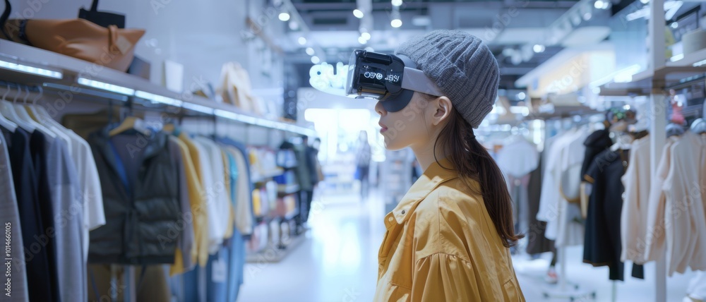 In a sleek, bustling store, a young woman in a casual outfit explores the aisles wearing VR glasses, merging the physical and virtual retail worlds. In a sleek, bustling store, a young woman in a casual outfit explores the aisles wearing VR glasses, merging the physical and virtual retail worlds.