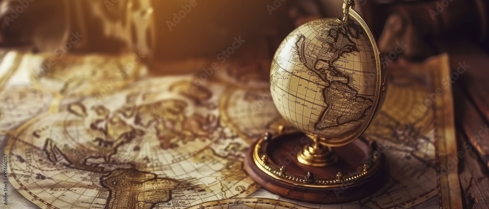 Fototapeta premium A sunlit antique globe, paired with historical maps, exudes a romantic sense of adventure and discovery.