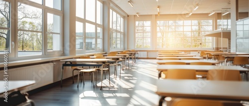 Sunlight pours through classroom windows, illuminating empty desks and creating an atmosphere of calm and readiness for learning.