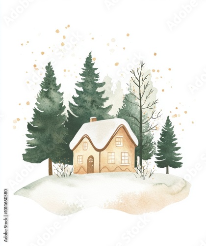 Minimalist watercolor art deco print of a cluster of green trees and a cozy gingerbread house in winteк