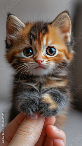 Colorful kitten with someone's fingertip standing on it. Very realistic macro shot. Bright colors. Natural light.