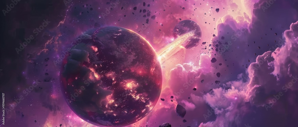 Fototapeta premium A cosmic scene with planets colliding in a burst of vibrant colors, surrounded by swirling nebulae and twinkling stars in deep space.
