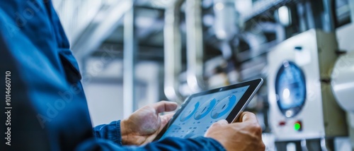 In a high-tech industrial setting, a person holds a tablet displaying graphs, symbolizing data-driven insights in modern technological advancements.