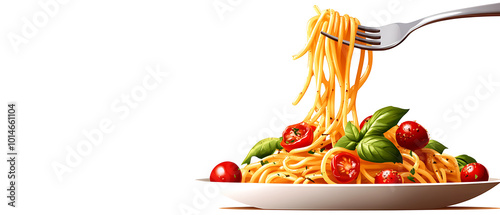 Delicious pasta dish with fresh tomatoes and basil on a white isolate background.