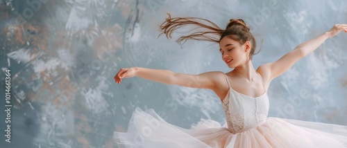 A graceful ballerina spins elegantly, her hair and white tutu flowing in motion against a soft pastel backdrop, embodying the beauty of dance. photo