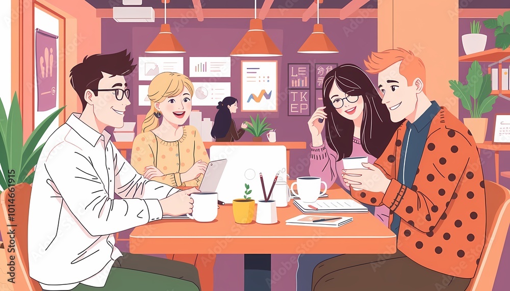 People Working in a Café, Enjoying Productivity and Coffee While Discussing Creative Projects People Working in a Café, Enjoying Productivity and Coffee While Discussing Creative Projects