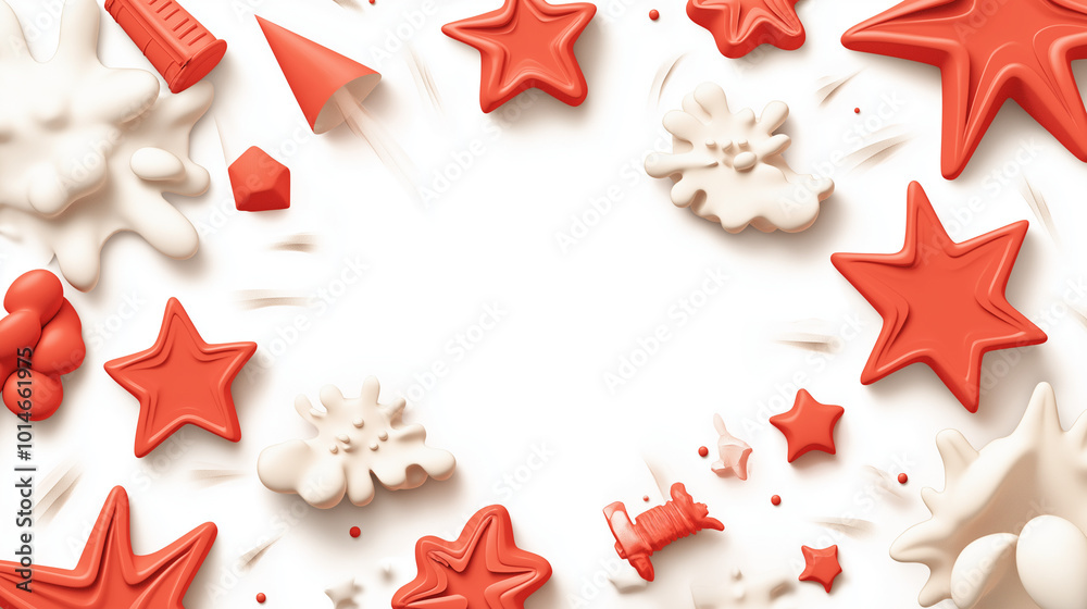 Obraz premium Red and white stars and abstract shapes forming a frame on a white background.