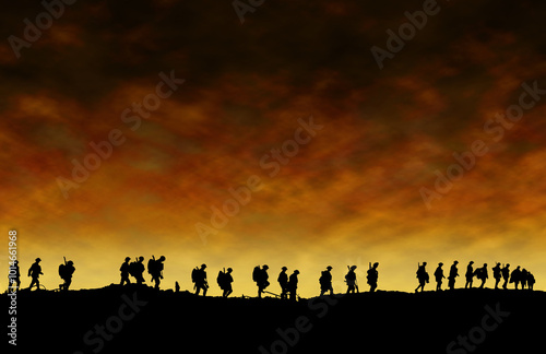 Photography World War One Soldiers Silhouettes Below Cloudy Skyline At Dusk or Dawn