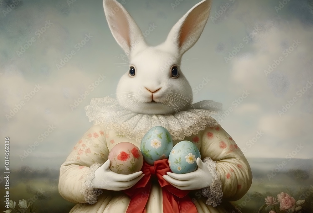 Fototapeta premium White rabbit holding Easter eggs, dressed in victorian clothing, soft faded pastel colors, cloudy background, fairytale watercolor.