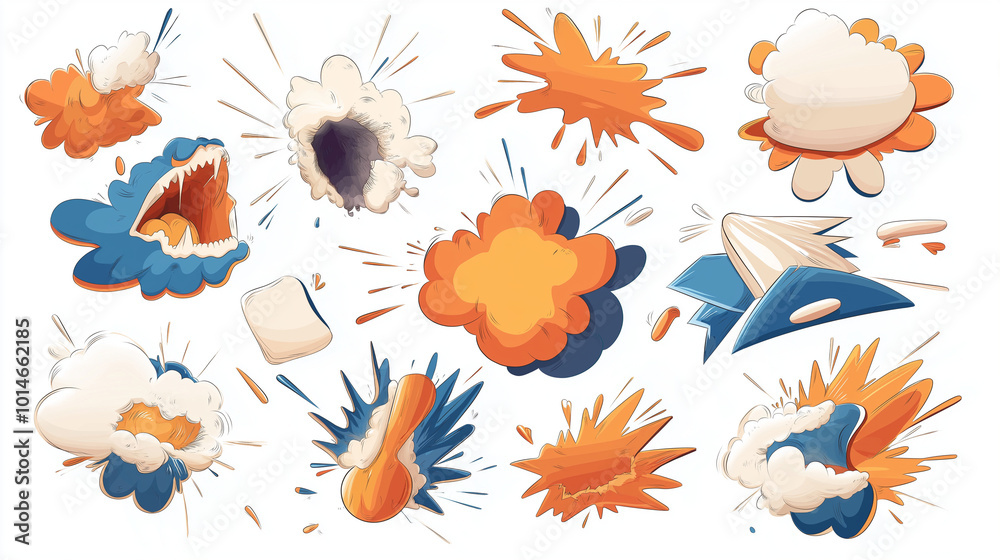 Cartoon explosion effects in blue, orange, and white. Cartoon explosion effects in blue, orange, and white.