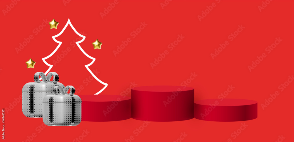 Obraz premium Christmas and New Year background with round podium. Empty scene. Christmas tree with gift boxes. Halftone Pop Art design. Greeting card, Sale banner, special offer poster