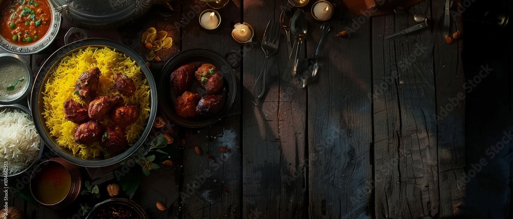 A rustic wooden table adorned with a sumptuous feast of vibrant, aromatic Indian dishes, set amidst a warm, cozy ambiance highlighted by soft candlelight. A rustic wooden table adorned with a sumptuous feast of vibrant, aromatic Indian dishes, set amidst a warm, cozy ambiance highlighted by soft candlelight.