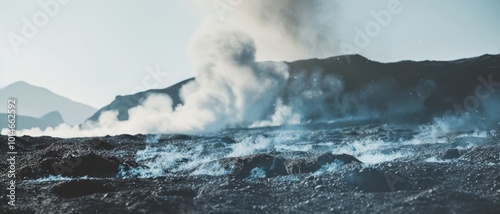 A rugged volcanic landscape emits steam from fissures, with distant hills creating a stark, otherworldly atmosphere under the soft morning light.