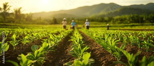 Farmers working in a lush green field during sunset in a serene landscape.