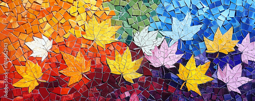 A vibrant mosaic featuring colorful leaves in a rainbow gradient. photo