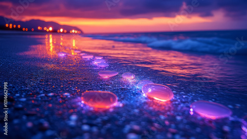 glass beach at neon night, covered with millions of small smooth multi colored rocks that appear as translucent glass photo