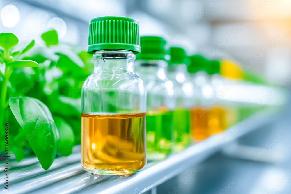 A series of small glass bottles containing essential oils are neatly arranged on a shelf. Fresh green herbs grow nearby, highlighting a vibrant indoor farming environment A series of small glass bottles containing essential oils are neatly arranged on a shelf. Fresh green herbs grow nearby, highlighting a vibrant indoor farming environment