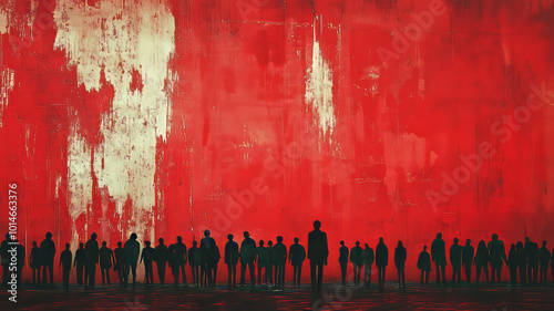 huge number of Oppressed masses demand freedom on low angle red grunge background