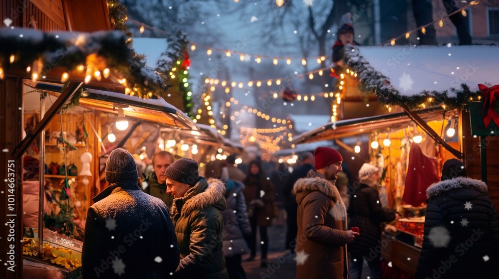 Tourists browsing the stalls of the christmas market, enjoying the holiday spirit and shopping for gifts and souvenirs. Happy New Year Merry Christmas