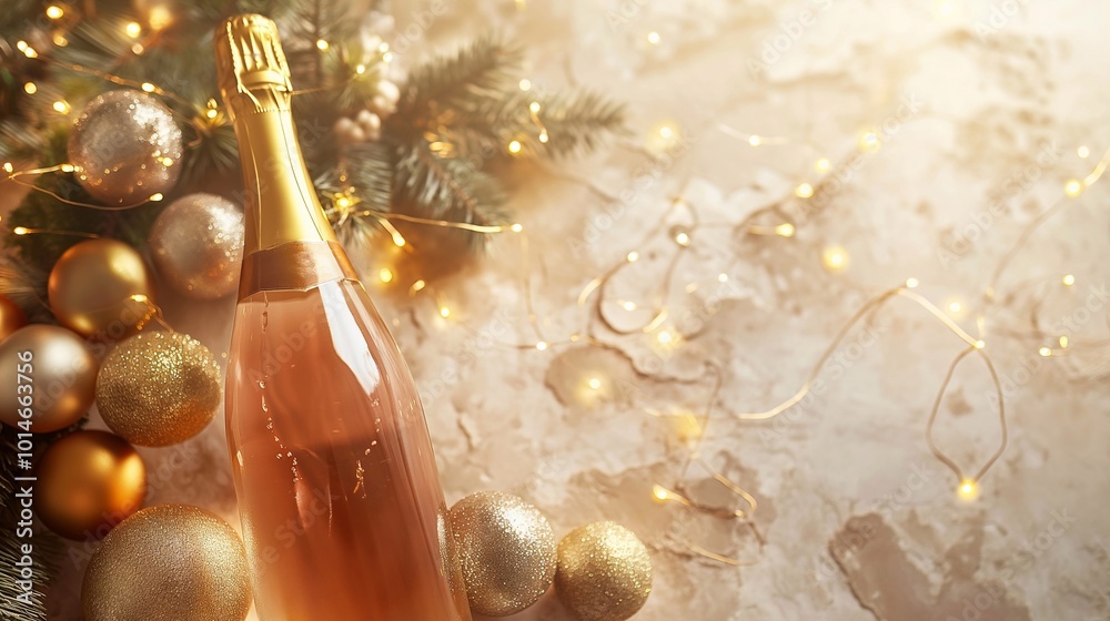 Bottle of rose champagne is laying on a table with golden christmas ornaments and fairy lights, creating a festive atmosphere. Merry Christmas and Happy New Year background with copy space Bottle of rose champagne is laying on a table with golden christmas ornaments and fairy lights, creating a festive atmosphere. Merry Christmas and Happy New Year background with copy space