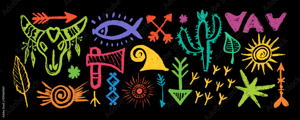 Set with ancient indian tribal esoteric doodles in style boho. Vector flat graphic design illustration. Isolated colored flat vector boho symbols illustrations. Set with ancient indian tribal esoteric doodles in style boho. Vector flat graphic design illustration. Isolated colored flat vector boho symbols illustrations.
