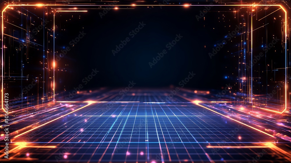 Fototapeta premium Abstract digital grid with glowing lines and particles.